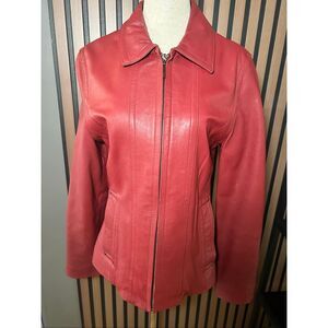 Leslie Fay red leather jacket size small stylish form fitting